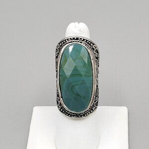 Faceted Green Chalcedony Stone Statement Ring Silver Tone Metal Size 7